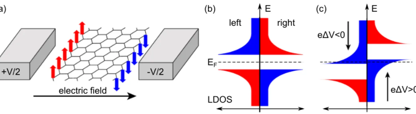 Figure 2.6: (a) Model for inducing half-metallicity in a zigzag nanoribbon by an electric eld.
