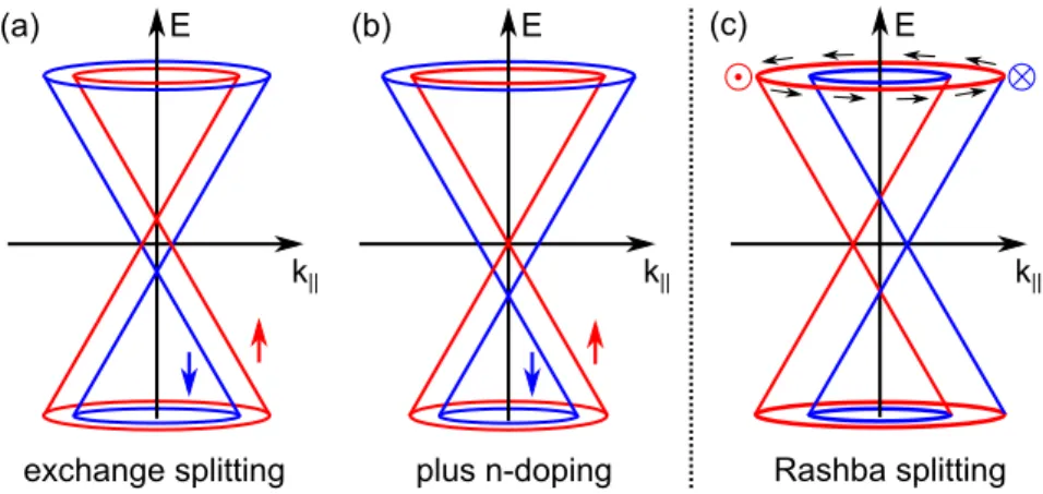 Figure 2.8: Band structure of Gr around the K point. (a) Exchange splitting induced by the magnetic proximity eect