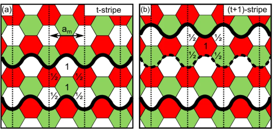 Figure 5.8: Sketch of a t -stripe (a) and a p t 1 q-stripe (b) drawn into the tiled moiré pattern.
