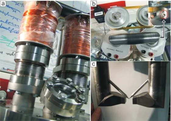 Figure 4.3: Photographs of the electromagnet of the UHV MOKE setup. a) Ambient side of the magnet.