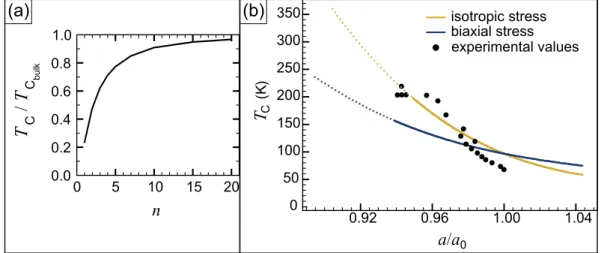 Figure 2.5: Theoretically predicted influences on T C in thin films. (a) Evolution of the normalised T C of a EuO(100) film with thickness measured in monolayers n, reproduced from [49]