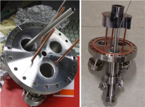 Figure 3.6: Left hand side image: MBE flange with leak valve and gas application pipe mounted.