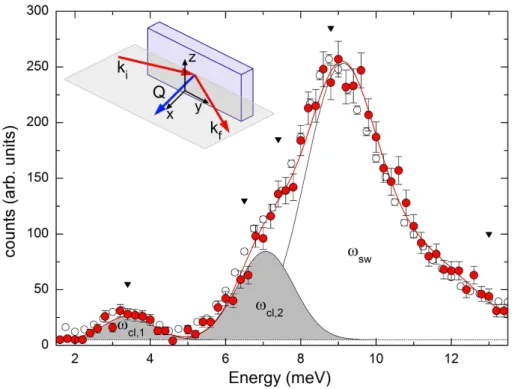 Figure 3.6: Polarization analysis of the magnetic excitation spectrum at q=0 Spin-ip channel (SF) of the energy scan at the antiferromagnetic zone center Q = (0.5 0.5 0) at T = 1.5 K recorded using polarized neutrons at the IN22 spectrometer with the spin 