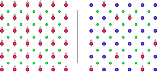 Abbildung 1: Ferromagnetischer Halbleiter - Verdünnter magnetischer Halbleiter: in einem verdünnten ferromagnetischen Halbleiter sind einige Kationen-Plätze des  Wirts-materials unkorreliert mit magnetischen Ionen besetzt (blau: Anion, grün: Kation, rot: