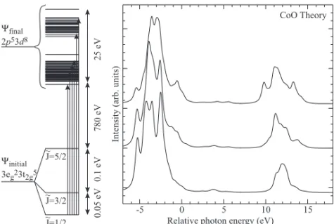 Figure 2.13: Left: energy level diagram of CoO, the e 2 g t 5 2 g initial state is split by spin orbit coupling into a lowest triplet, first excited quintet and highest septet.