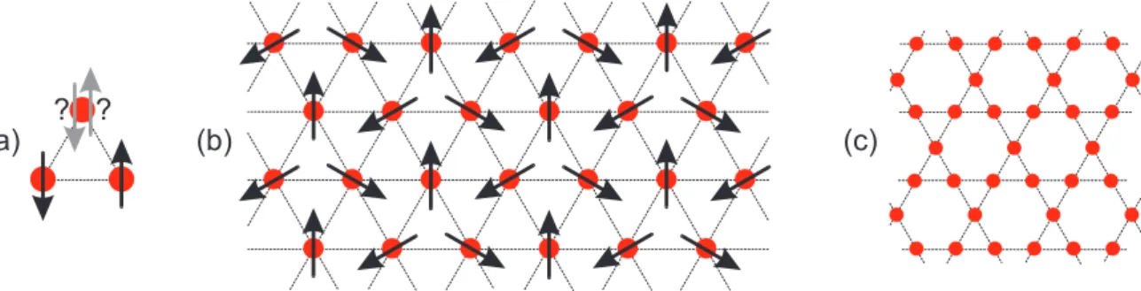 Figure 2.3: (a) Illustration of the no-win situation on a triangular plaquette with anti- anti-ferromagnetic coupling