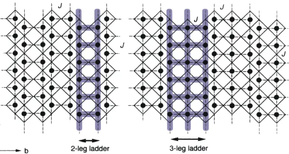 Figure 2.17: Schematic view of the two-leg ladder compound SrCu 2 O 3 (left) and the three-leg counterpart Sr 2 Cu 3 O 5 (right)
