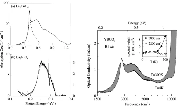 Figure 3.2: Infrared absorption spectra of different systems. Upper left panel: 2D S = 1/2 single-layer compound La 2 CuO 4 (solid line) at 10 K as measured by Perkins et al