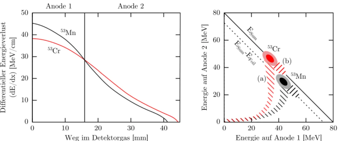 Abbildung 12.: Links: Differentieller Energieverlust im Detektorgas f ¨ur 53 Mn (schwarz) und 53 Cr (rot) zur Optimierung der Anodensegmentierung ¨uber Simulationen mit SRIM.