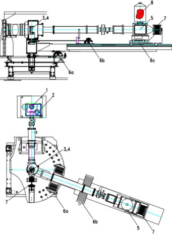 Fig. 4.2. : top - side view of the detector arm, bottom - top view. 1: position of fluorescence target, 2: