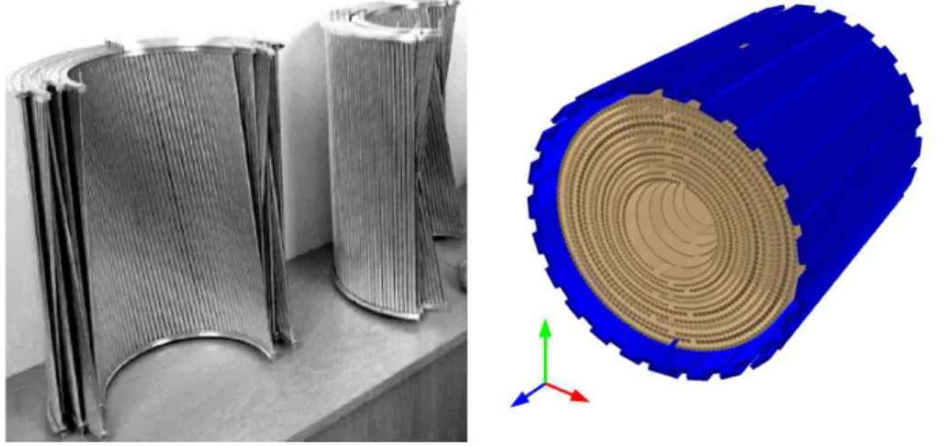 Figure 2.7: Left: the semi-cylindrical plates support and separate the layers of straw tubes, the visible inclined plate illustrates how the stereo layers are interleaved with the parallel layers