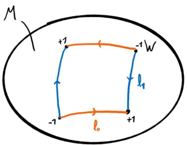 Figure 4.2: Two different Euler chains (l 0 and l 1 ) for the same 0-chain W . The difference l 1 − l 0 is a closed loop, which represents an element in the first homology group H 1 (M ).