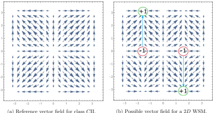 Figure 4.6: Plots of two 2D vector fields in class CII. Figure a) shows a possible reference vector field, where the vector field needs to vanish at the TRIM