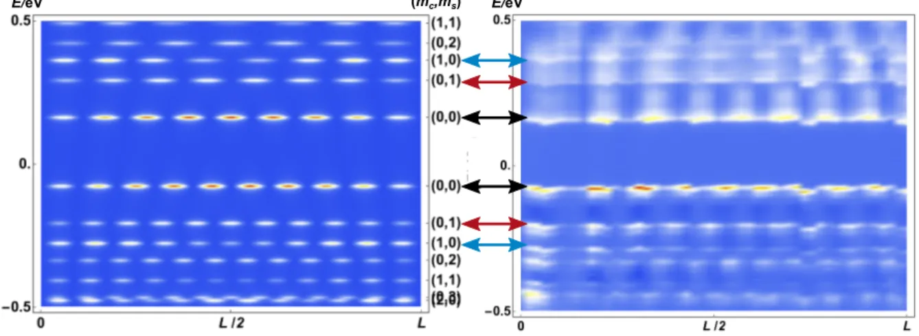 Fig. 4.4: Comparison of the LDOS of the TLL model with the STS signal The TLL model (left plot) reproduces the key features of the STS signal (right plot): the  standing-wave pattern along the MTB, the opening of the gap around the Fermi energy (black arro