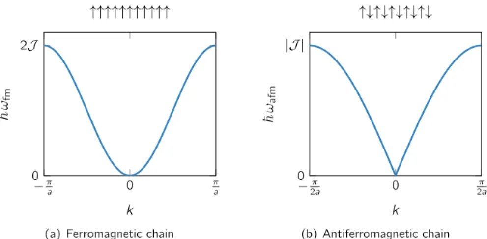 Figure 4.6: Dispersion relations of (a) ferromagnetic and (b) antiferromagnetic chains.