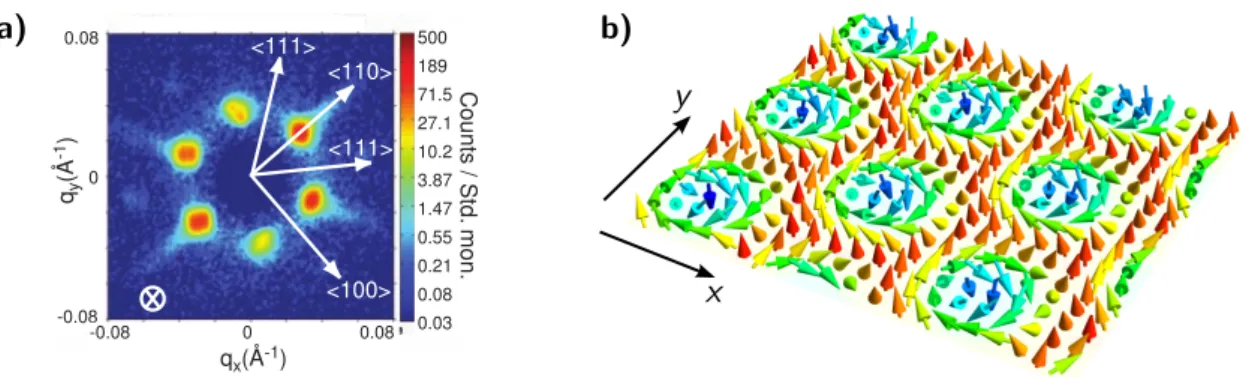 Figure 2.2.: Skyrmion lattice phase in MnSi; a) Typical intensity pattern in small angular neutron scattering experiments in the skyrmion lattice phase