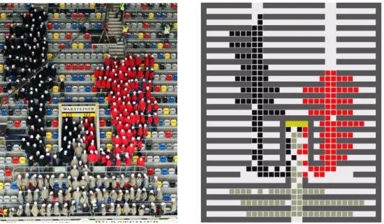 Figure 3.7: Snapshots of the experiment at the entrance to the stands (left) and the corresponding simulation (right) at t = 20 s.