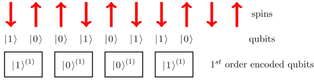 Figure 3.2: Spin array representing qubits taken out of the code H n and encoded logical qubits out of the code C Z1 .