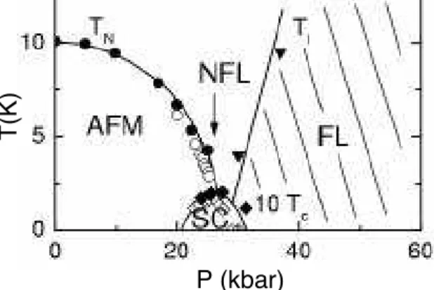 Figure 8.4: Experimental pressure-temperature phase diagram for CeIn 3 containing a non-Fermi liquid regime (NFL), an antiferromagnetic (AFM), a superconducting (SC) and a Fermi liquid (FL) phase.