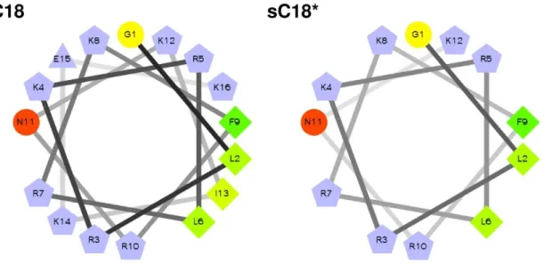 Figure  4:  Helical  wheel  projection  of  sC18  and  sC18*.  The  projection  is  showing  the  hydrophilic  (circles), hydrophobic (diamonds), potentially negatively (triangles), and positively charged (pentagons)  residues