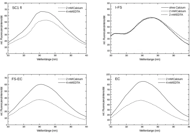 Abb. 3-6: Spektren der durch Calcium induzierten Fluoreszenzänderungen von SC1 fl, I-FS tag , FS-EC und EC
