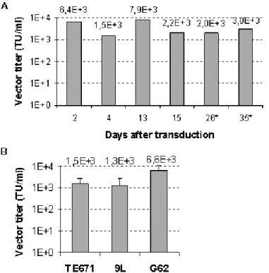 Figure 4. Production of retroviral vectors by BM-TIPC. (A) Cell culture supernatants from BM-TIPC were used to transduce TE671 cells at indicated time points after transduction with MP71-eGFP-wPRE