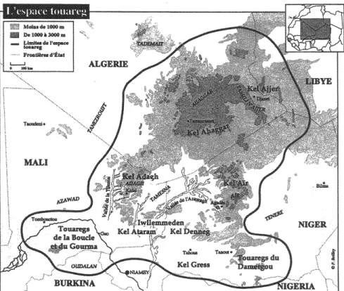 Figure 2: A map of the Tuareg’s main living areas in the southern Sahara. Source: Boilley (1999, 6).