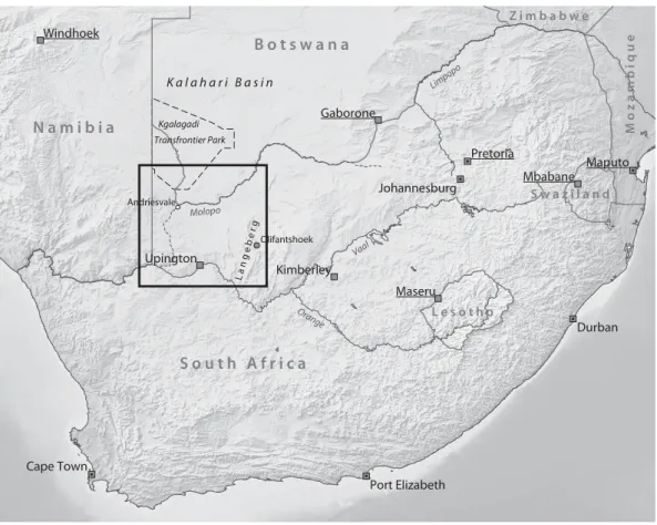 Figure 2.1  Topographic map of southern Africa The box indicates the approximate traditional  language area of Nǀuu