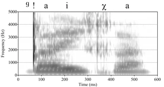 Figure 3.17 shows the spectrogram of a production of  [ᶢǃ]  in the word ᶢǃàìχà 