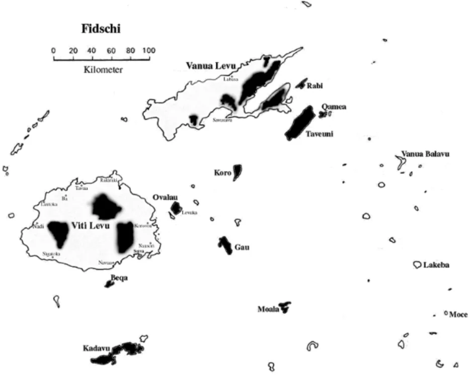 Abbildung 1: Hauptanbaugebiete von yaqona auf den Fidschi-Inseln