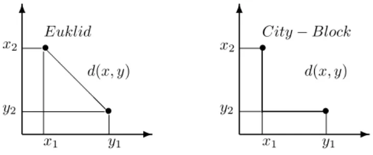 Abbildung 1: Distanzmaße: Euklidisch (p = 2) und City-Block p = 1