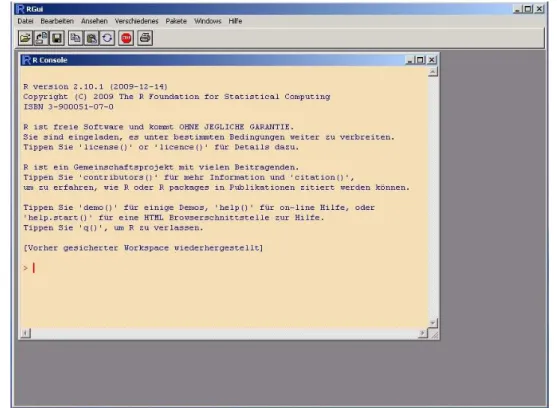 Abbildung 1: Das R-GUI unter Windows mit der R-Console und ihrer Begr¨ ußungsmeldung.