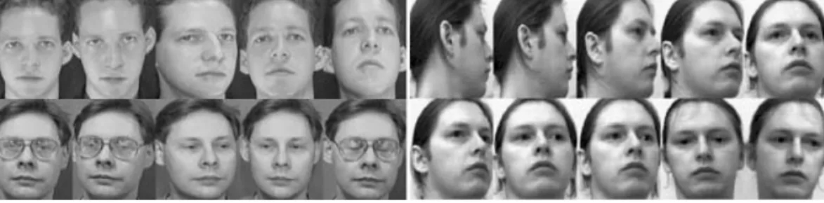 Fig. 2. Some sample images of 3 persons randomly chosen from the two databases, left: the ORL, right: