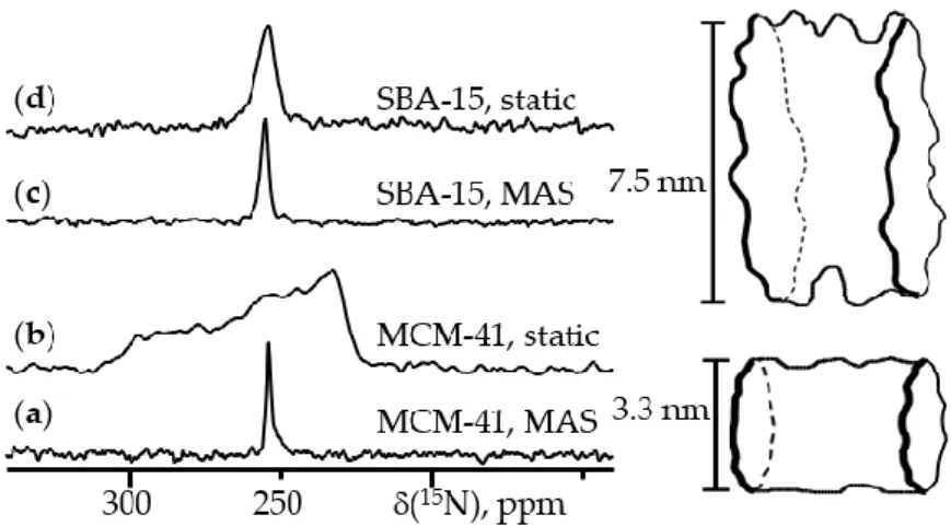 Figure 9. 15 N { 1 H} CP NMR spectra at 300 K of pyridine- 15 N loaded onto mesoporous silica [57].