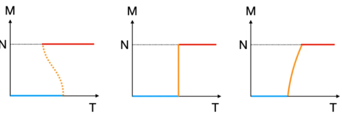 Figure 4. Three basic patterns of T -dependence of M [3]. The blue, orange and red lines are the completely confined, partially-deconfined and completely deconfined phases, respectively