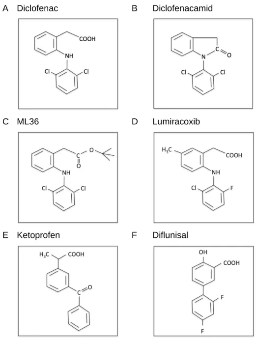 Abbildung 2. Strukturformeln der in dieser Arbeit verwendeten NSAR.  Diclofenac in A (mit freier Carboxylgruppe); 
