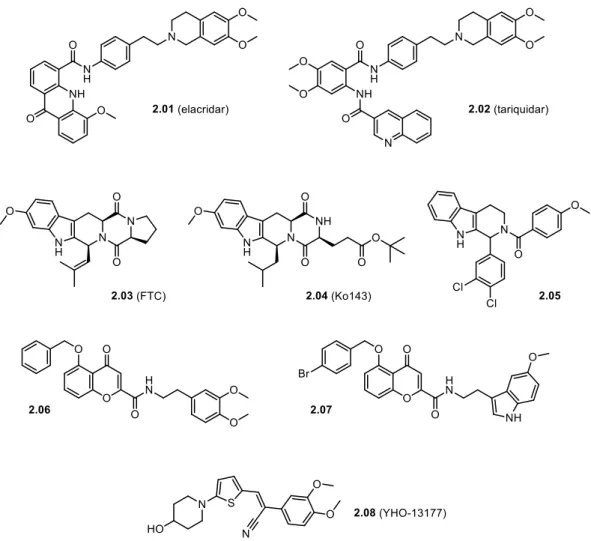 Figure 2.1. Structures of known ABCG2 inhibitors: elacridar (2.01), tariquidar (2.02), fumitremorgin C (2.03), Ko143 (2.04),  the β-carboline derivative 2.05, the chromones 2.06 and 2.07 and the acrylonitrile YHO-13177 (2.08)