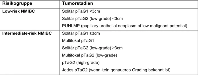 Tabelle 5: Zuordnung unterschiedlicher Tumorstadien zu den Risikogruppen low, intermediate und high-  risk nach S3-Leitlinie - September 2016 (15)