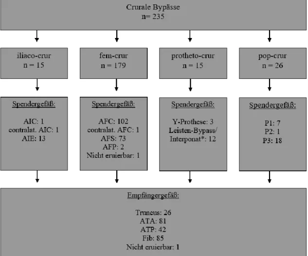 Abbildung 15 Übersicht crurale Bypässe;*iliaco-fem-BP/Interponat, fem-fem-crossover-BP, aorto-fem-BP, fem-fem- fem-fem-Interponat; AIC = A