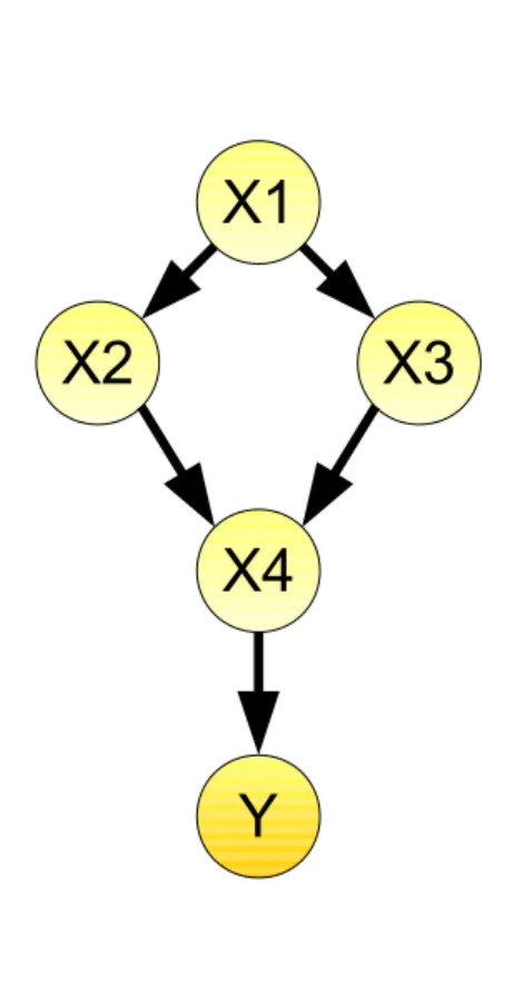 Figure 1.3: Example of a DAG. The DAG consists of 5 nodes and 5 edges. The node X 1 is the parent of X 2 and X 3 , X 2 and X 3 are the parents of X 4 and X 4 is the parent of Y 