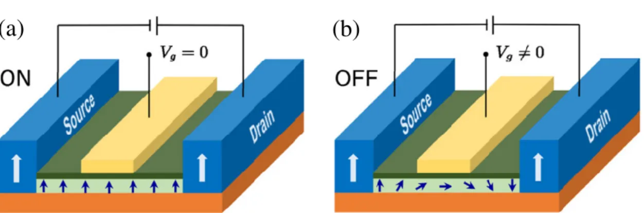 Figure 1.2: Schematics of the Datta-Das spin field-effect transistor (FET) [29]. Source and drain ferromagnetic contacts with parallel magnetizations are used to inject and detect the spins (small arrows)