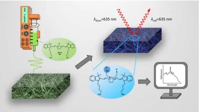 Figure 1. Illustration of the formation of electrospun fiber mats containing the S0378 dye, the chemical reaction of S0378 with BAs and the detection of the response of the dipstick