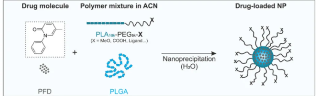 Fig. 1 Encapsulation of PFD in block copolymer NPs. Particles are prepared through nanoprecipitation of organic mixtures of PEG-PLA, PLGA and the drug in aqueous medium.