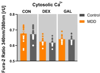 Figure 4.  Cytosolic Ca 2+  homeostasis in fibroblasts. Shown are the Fura-2 340 nm/380 nm ratios of  MDD and non-depressed control fibroblast lines under non-treated, DEX-treated (1 µM, 7 days) or  GAL-stressed conditions (glucose-free,  10 mM galactose, 