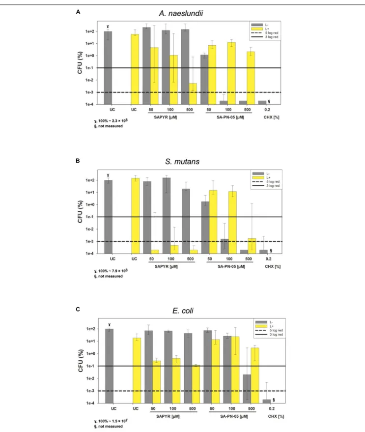 FIGURE 2 | Antimicrobial efficacy of aPDT with SAPYR SA-PN-05 and of CHX toward A. naeslundii, S