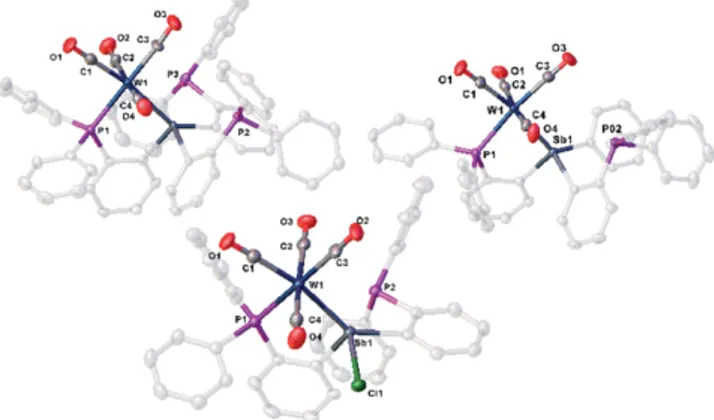 Figure 2. Molecular structures of 1 (top, left), 2 (top, right) and 3 (bottom) in the solid state