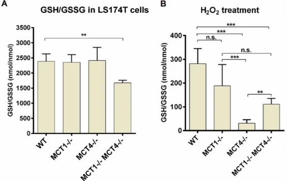 Figure 6. GSH/GSSG ratio in MCT-competent and MCT-deficient LS174T cells, respectively, in  response to oxidative stress