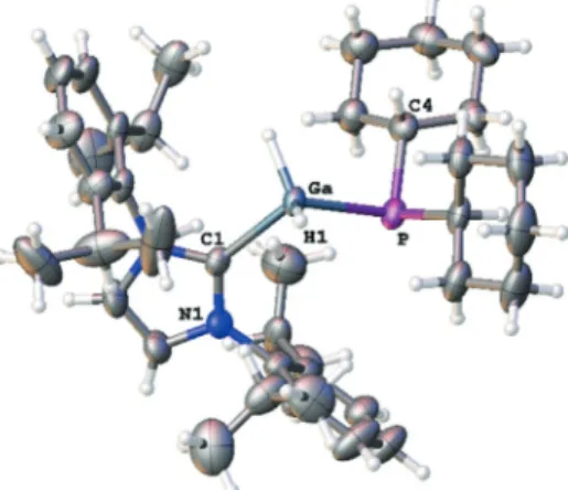 Figure 4. Molecular structure of 3 in the solid state. Selected bond lengths [] and angles [8]: Ga–P 2.3373(6), Ga–C1 2.0507(2);  H1-Ga-P-H3 164.18, C1-Ga-P 109.19(5).
