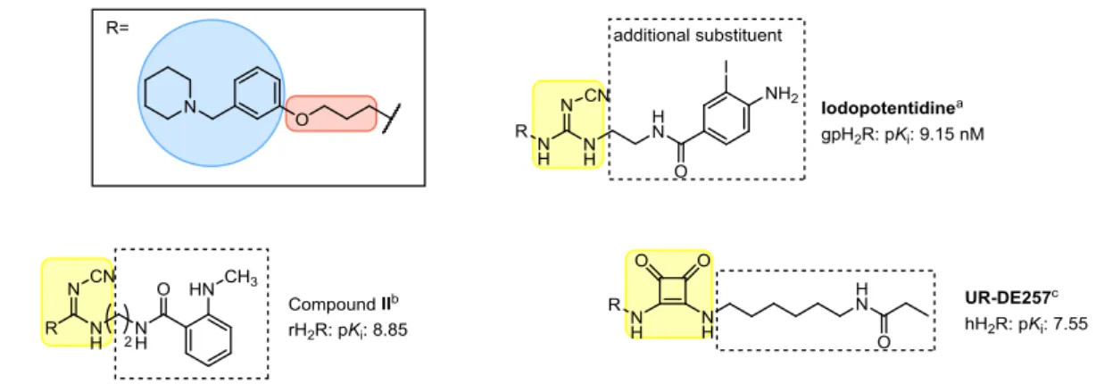 Figure 1.3. Structures of exemplary piperidinomethylphenoxy-containing ligands. a: Hirschfeld et al and Ruat et al 13,57 ;  b: Malan et al 58 ; c: Baumeister et al 35 