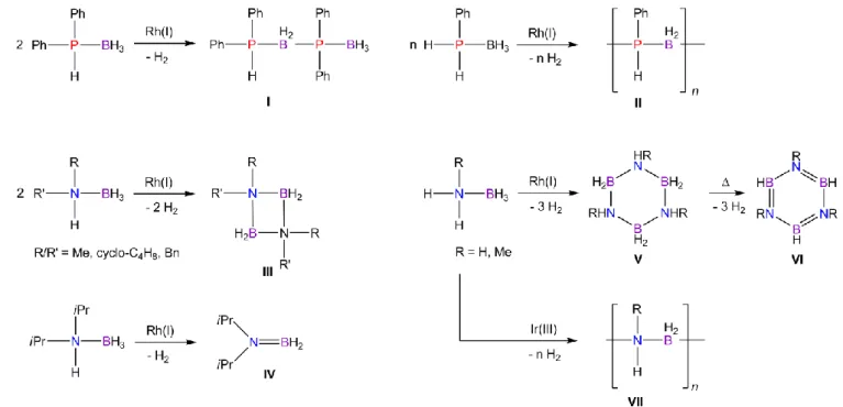 Figure 2. Dehydrocoupling of secondary and primary phosphine- and amine-boranes. 